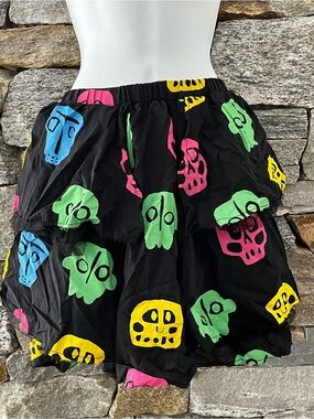 nununu Black Tiered Skirt with Neon Skull Motif